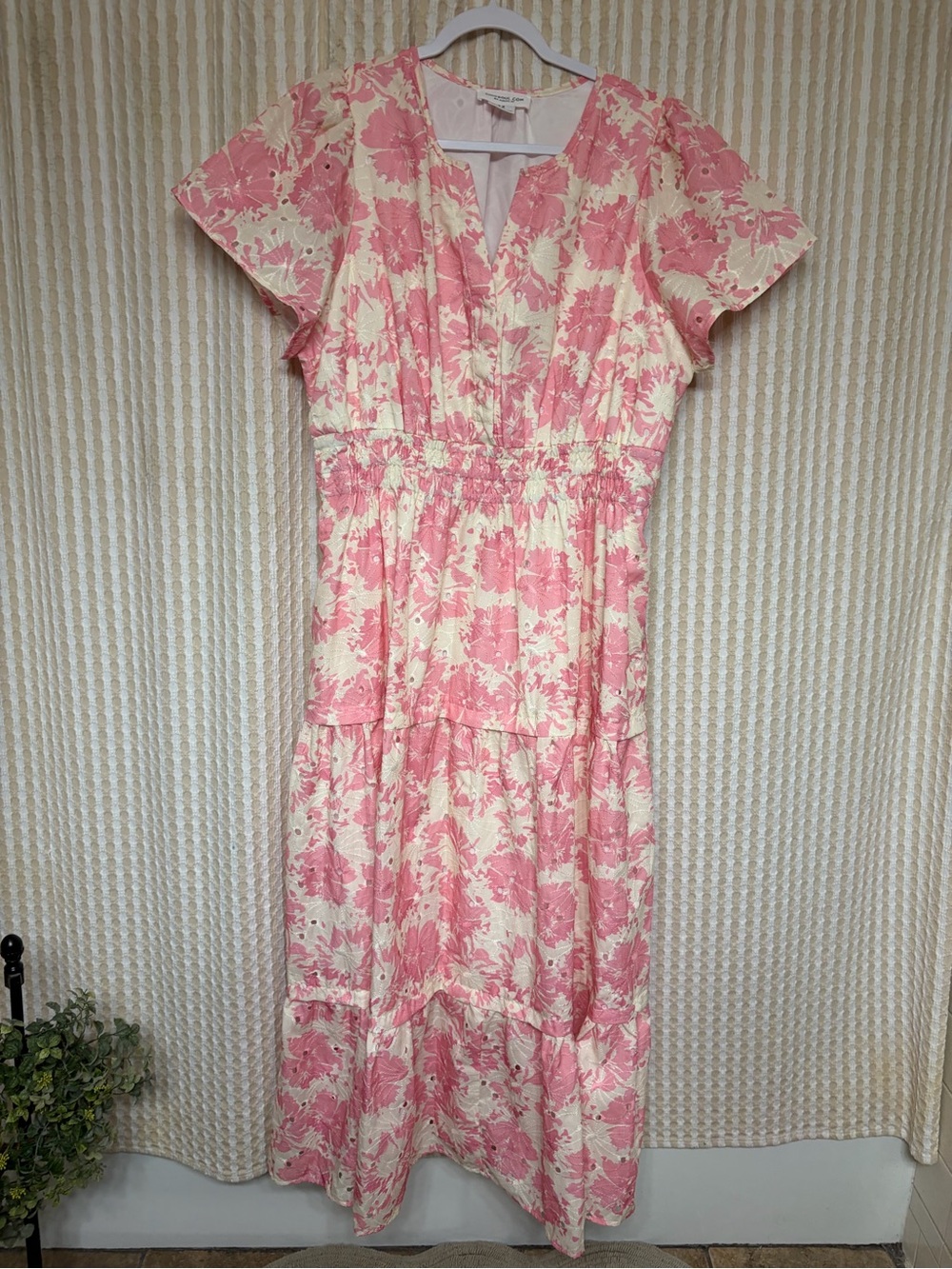 Floral Pink & Cream Tiered Midi Dress